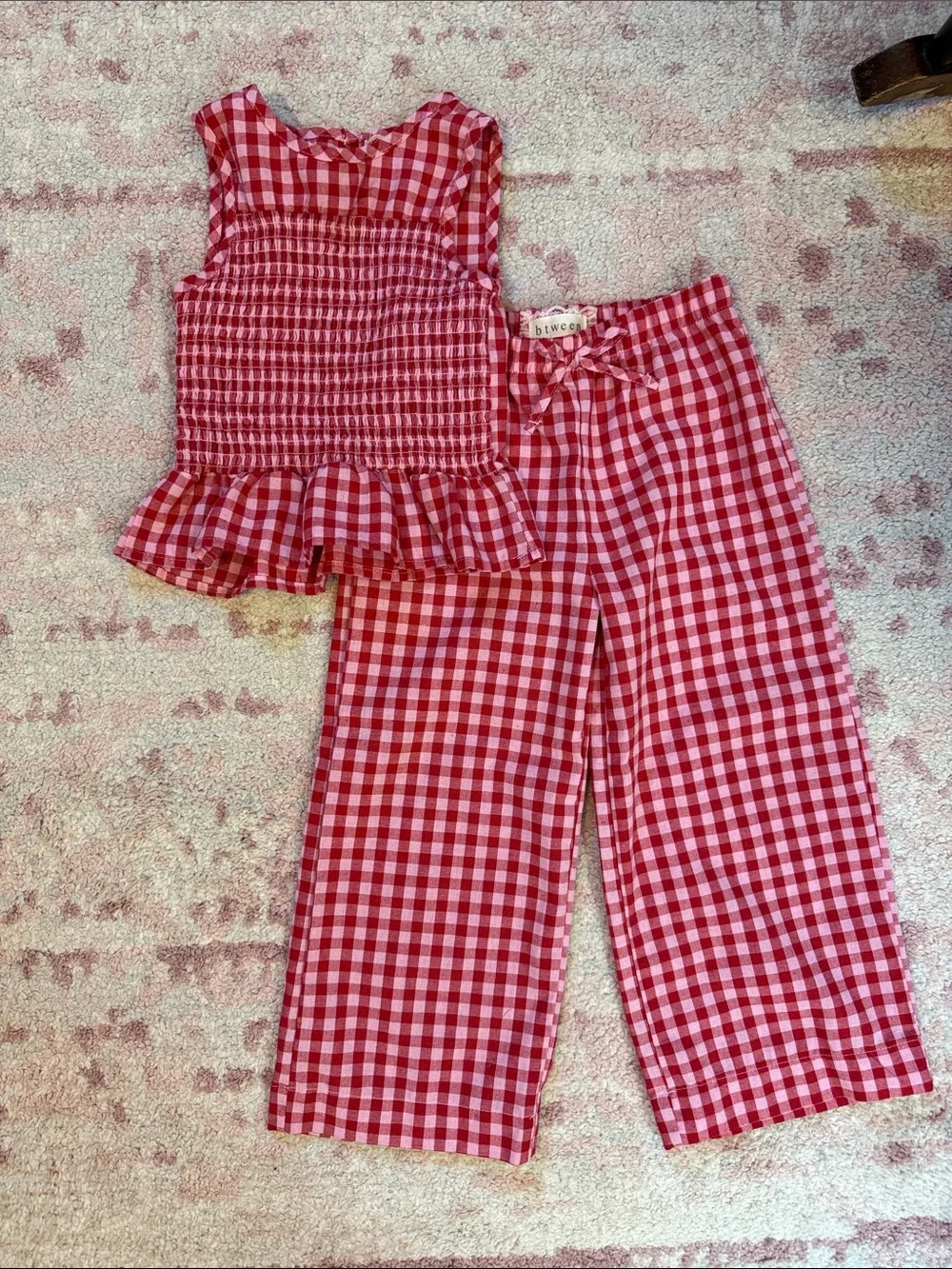 Gingham Smocked Peplum Top & Wide Leg Pants Set - Pink & White - Size 4T